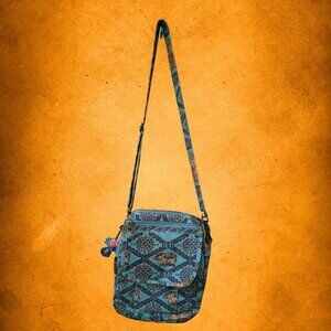 Boho Elephant Print Cotton Crossbody Bag – Multi-Pocket Adjustable Strap